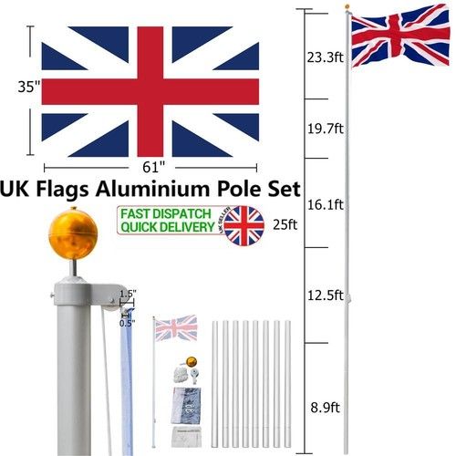 25ft Aluminium Sectional Flagpole Kit Outdoor Halyard Pole w/2 UK National Flags