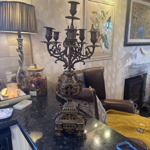 Antique 19thC French Baroque Ornate Brass 5 Arm Candelabra Altar Style 24" — image 2
