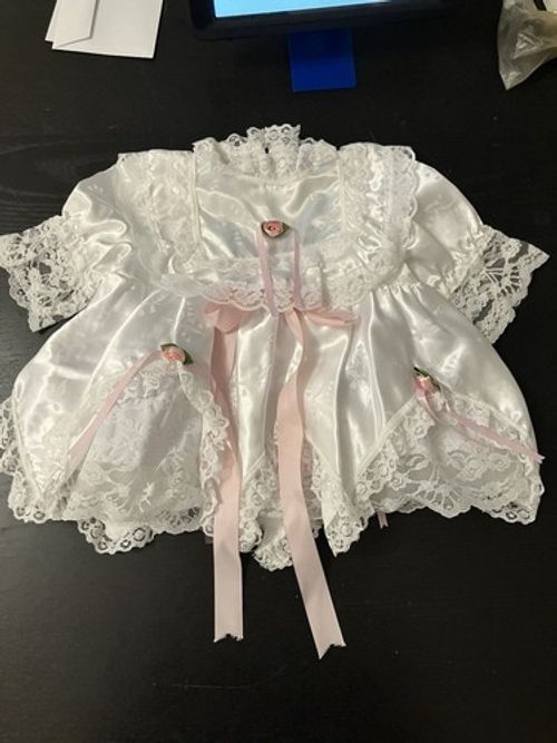 Girls White Christening Gown w/ Bottoms - Lace, Pink Roses & Ribbons 9-12months