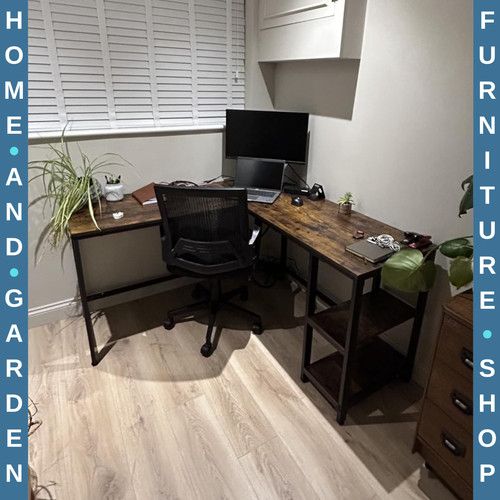L Shape Computer Desk with Shelves Rustic Brown Corner Home Office Workstation