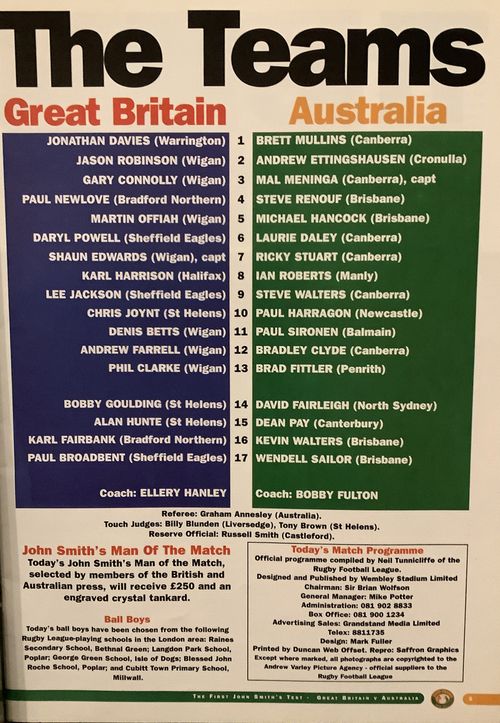 RUGBY LEAGUE INTERNATIONAL PROGRAMME GREAT BRITAIN V AUSTRALIA 1994 1st Test — image 2