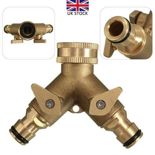 Garden Tap Splitter 2 Way Brass Outdoor Dual Hose Connector Splitter Double UK