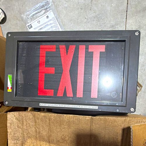 Illuminated EXIT Sign Red Letters Metal Black Housing Wall Mount Brackets — image 1