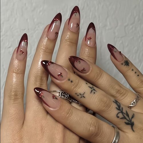 24pcs Burgundy Almond Press-On Nails Each Nail Adorned with 3D Red Cherry Design — image 1