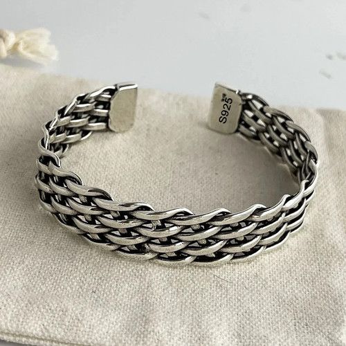 Solid 925 Sterling Silver Mens Heavy Woven Torque Bangle Cuff Bracelet UK NEW