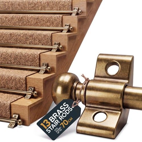 Stair Rods 13 Pack Brass Carpet Runner 70cm Twin Brackets Screws Fitting Kit
