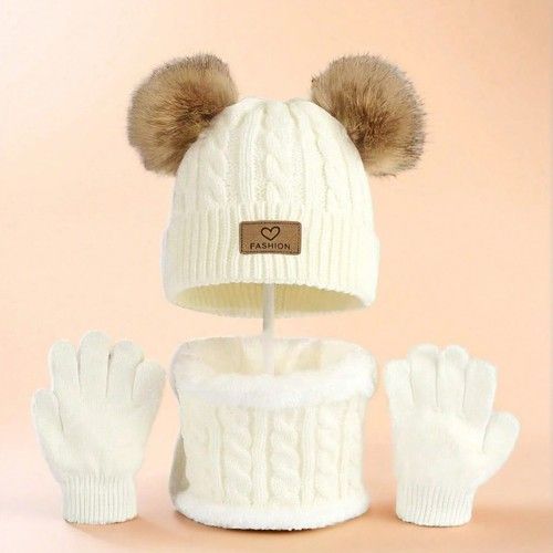 Kids Winter Hat Scarf Gloves Set Warm Knitted Fleece Lined Beanie for Boys Girls