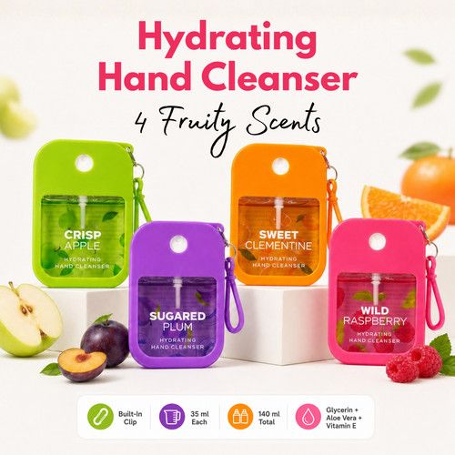 Hygie Hydrating Hand Cleansing Spray 4x35ml Mini Travel Set Hand Sanitiser Clips
