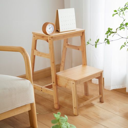 Folding Wooden Bamboo Step Stool Kitchen Ladder Chair Display Rack 3 in 1 Stool — image 2