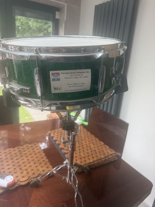 Precision Drum Company Green Sparkle Metal Snare Drum Set with Snare Stand — image 5