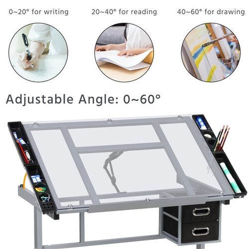 Rolling Drafting Table Angle Adjustable Drawing Artwork Desk with Glass Tabletop — image 5