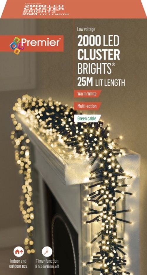 Premier 2000 LED Cluster Indoor Outdoor Christmas Tree Lights Timer - WARM WHITE — image 1