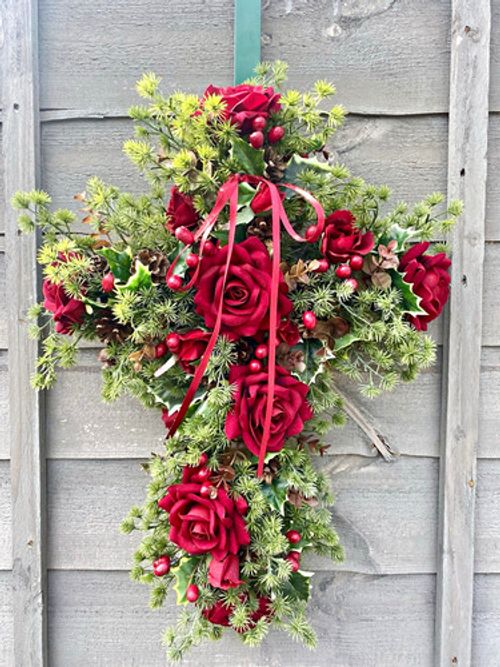 Cross-Shaped Christmas wreath Artificial Red Roses, Greenery & Berries