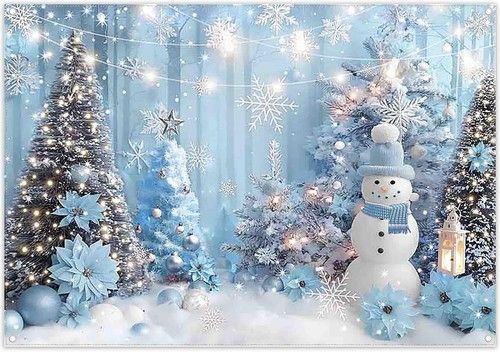 7X5Ft Blue Winter Christmas Wonderland Backdrop Snowman Doll