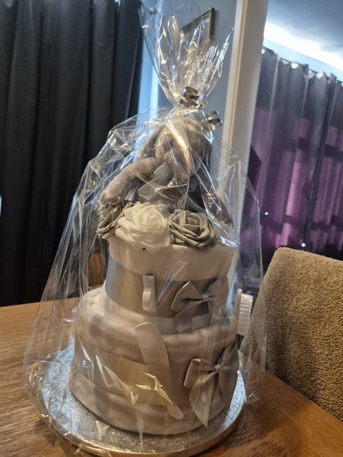 2 Tier baby gift, Unisex Nappy Cake with Plush Bunny Toy, Mum To Be, New Baby — image 2