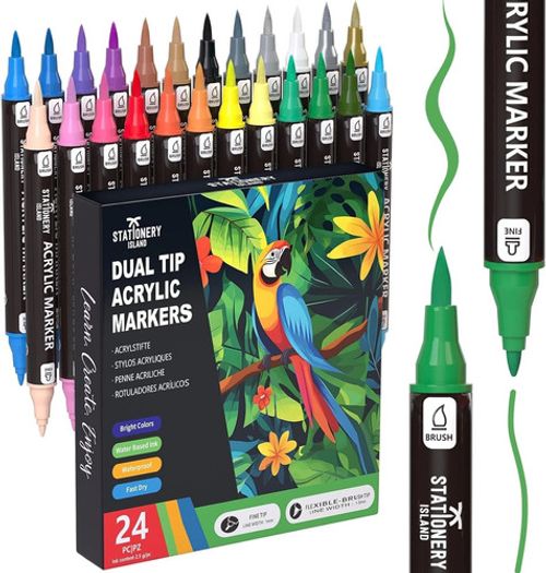 Dual Tip STATIONERY ISLAND Acrylic Paint Pens 24 Colours Acrylic Markers