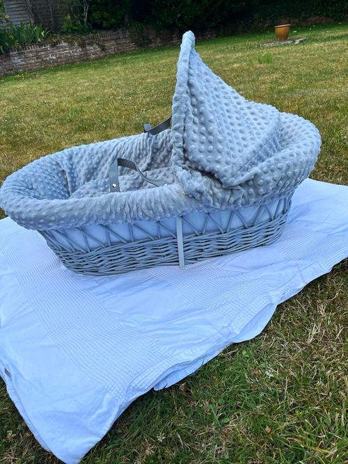 Clair de Lune Grey Palm Moses Basket with Hood, Oval, Boys & Girls — image 1