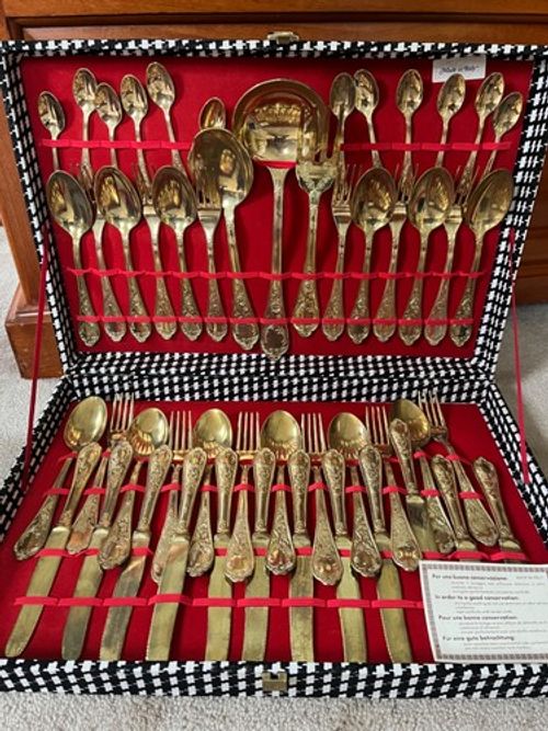 Vintage Italian gold-plated brass cutlery set for 12, in original fitted case