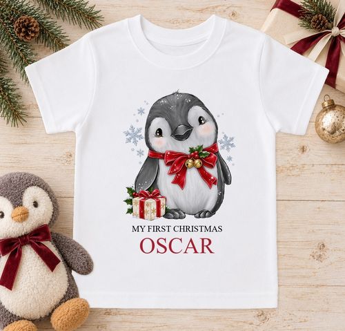 Personalised Baby Christmas Outfit Jingle Bell Penguin Sleepsuit Vest Bib Name — image 4