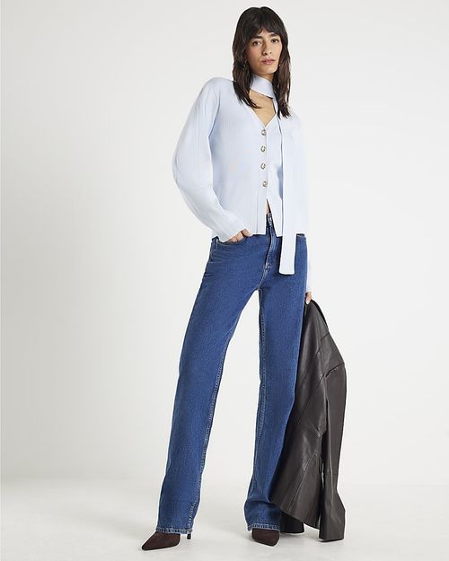 River Island Womens Cardigan Blue Knitted Tie Neck V-Neck Button Jumper Top — image 7