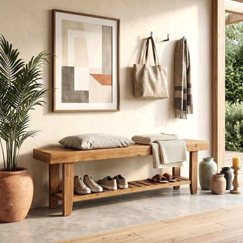 63" Modern Solid Wood Entryway Bench with Slatted Shoe Storage Shelf for Hallway