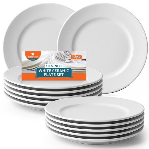 6-12 White Ceramic Plate 10.5" Dinner Serving Dish Dishwasher and Microwave Safe