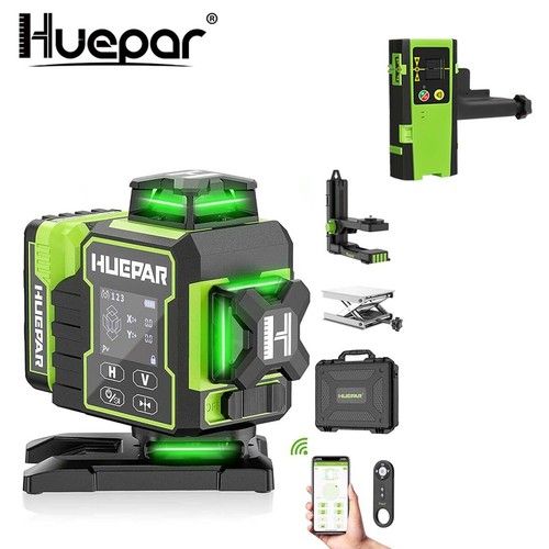 Huepar 4D Laser Level 360° Self-Leveling Cross Line with LCD Display W04CG+LR6RG