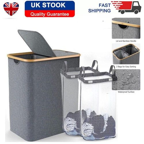 145L Large Laundry Basket Bin Bag Foldable Hamper 2 Compartment Double Sided Lid
