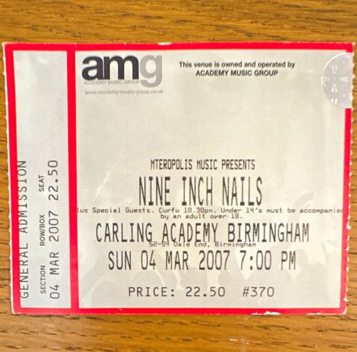 Nine Inch Nails Concert Ticket Stub - Carling Academy Birmingham 04 Mar 2007