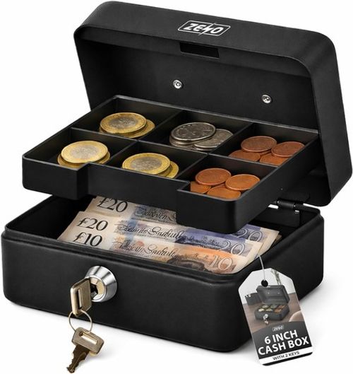 MONEY BOX TIN 6" STEEL METAL CASH SAFE SECURITY PETTY TIN WITH LOCK 2 KEYS BLACK