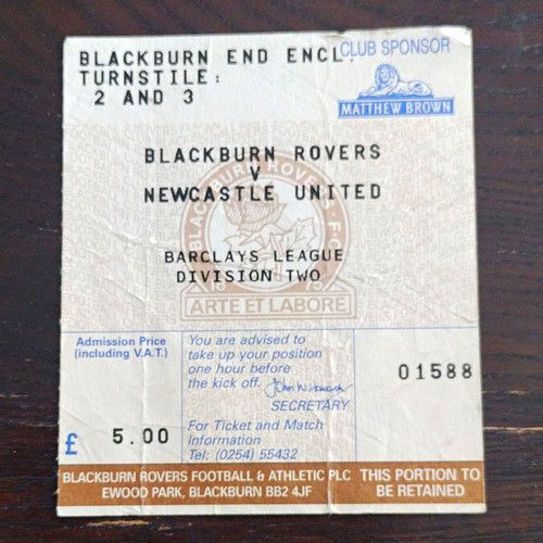 Football Ticket/Stub Blackburn Rovers v Newcastle United League Two
