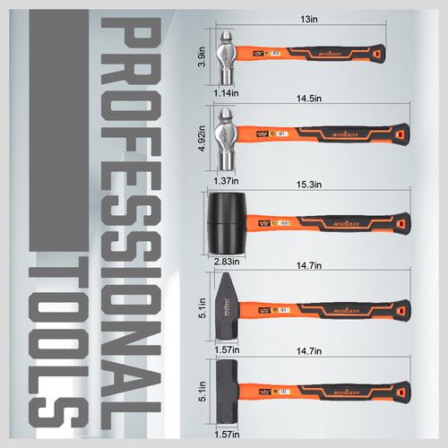 5PC Hammer Set 16oz 32oz Ball Pein 32oz Rubber Mallet 3lb Sledge 3lb Cross Peen — image 10
