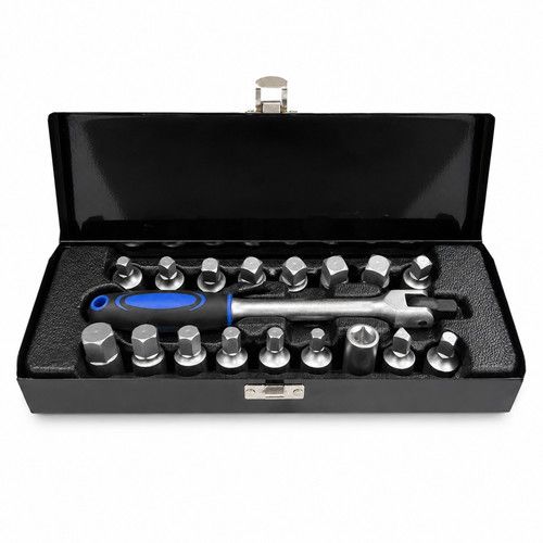 Sump Plug Key Set 18pc 3/8in Drive Hex Square Triangle CrV Steel Wrench & Case