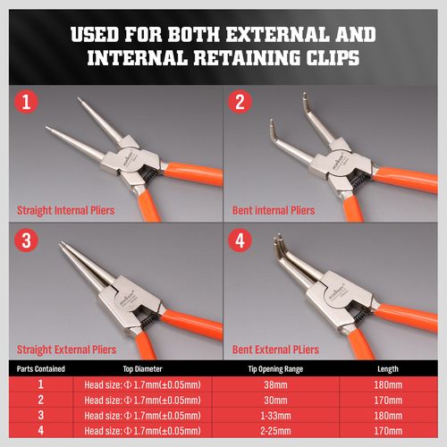 4PC 7" Circlip Pliers Set Internal External Bent Straight Ring Remover Retaining — image 4