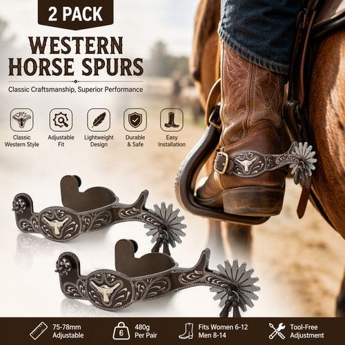 1 Pair Horse Engraved Boots Western Cowboy Spurs Horse Riding Vintage Style New