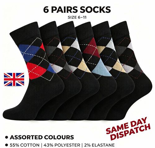 6 Pairs Men's Argyle Dress Socks One Size Mid Calf Cotton Blend Stretch Cuff