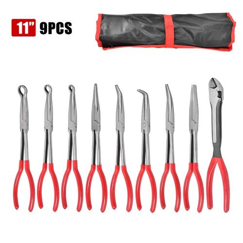 9x 11" Extra Long Reach Nose Plier Set Angled Offset Bent Straight & Hose Pliers