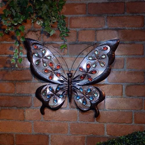 Solar Powered Metal Jewelled Butterfly Wall Art Garden Outdoor Decoration Light — image 3