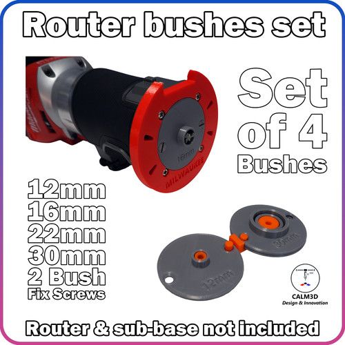Standard router guide bush set  (12, 16, 22, 30mm) - inc 2 fix screws  – INC P&P