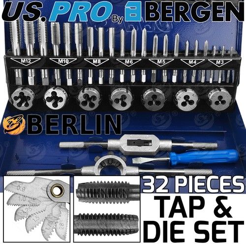 BERGEN Metric Tap And Die Set 32pc M3 M4 M5 M6 M8 M10 M12 Tap & Die & Taper Plug