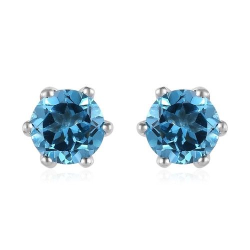 Blue Topaz Round Solitaire Studs earrings, 925 Sterling Silver, 6 Prong Studs