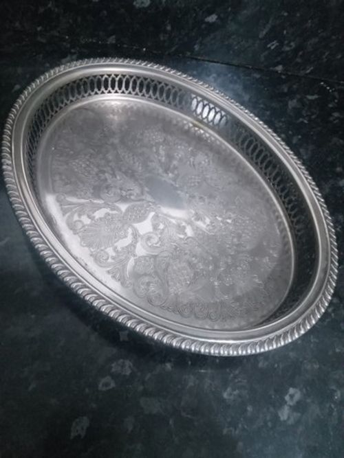 vintage silver-plated oval gallery serving tray From The mid-20th century
