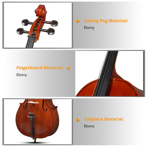 Glarry 4/4 Full Size Ebony Head Cello Tiger pattern w/ Bag Bow Rosin Natural — image 4