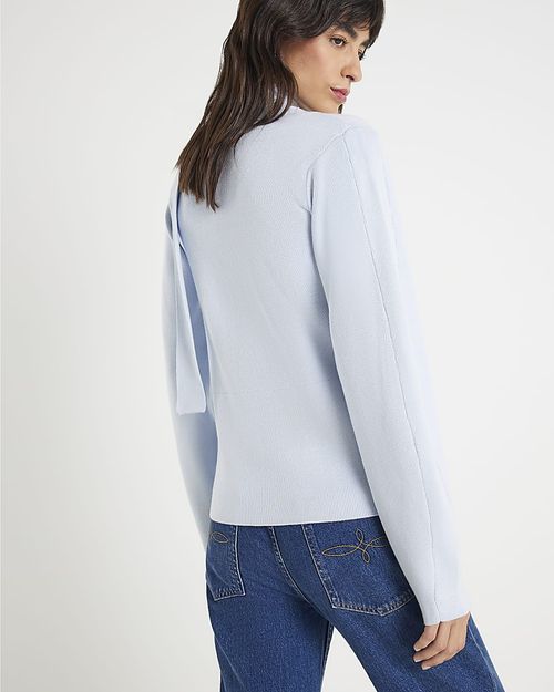 River Island Womens Cardigan Blue Knitted Tie Neck V-Neck Button Jumper Top — image 3