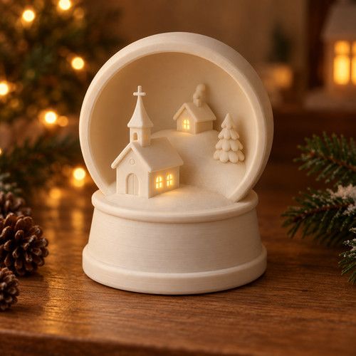 Christmas Village Snow Globe LED Winter Scene Church Decor White 3D Printed