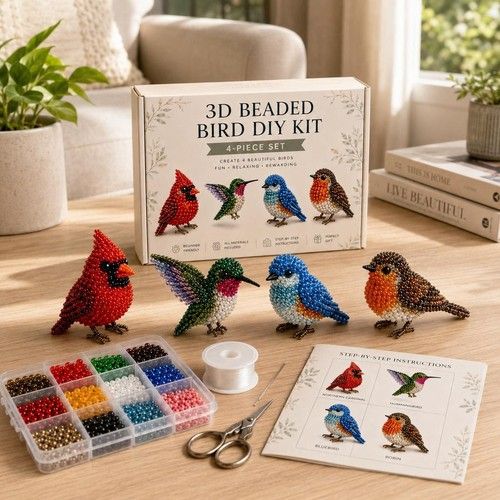 4Pcs 3D Animal Bead Embroidery Kit DIY Beading Crafts Cute Art Set for Beginners