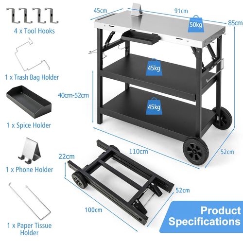 3-Tier Foldable Outdoor Cart Movable Multifunctional Flattop Worktable 2 Wheels — image 2
