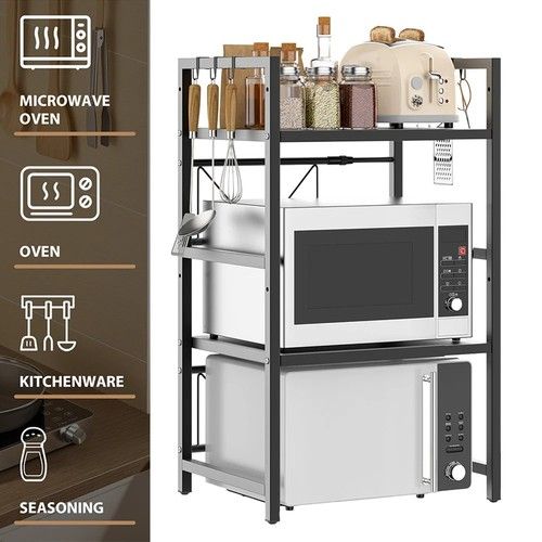 3 Tier Extendable Microwave Rack Kitchen Countertop Organizer Shelf 6 Hooks