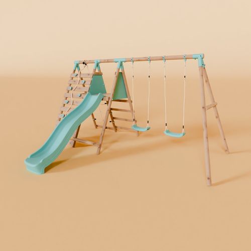 Double Wooden Swing Set with Climbing Wall and Slide - Stagwood I Waltons — image 1
