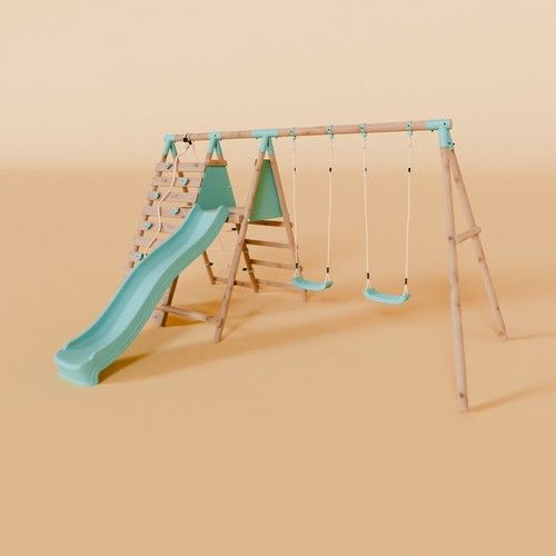 Double Wooden Swing Set with Climbing Wall and Slide - Stagwood I Waltons